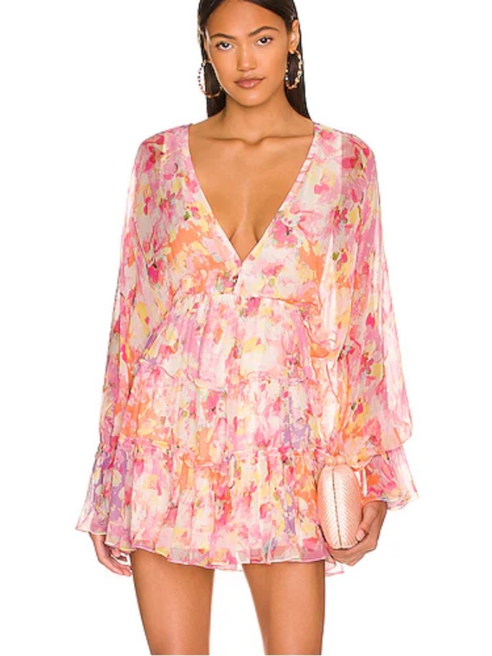 Hemant and Nandita Miyu Mini Dress Pink Floral Multicolor Boho Tie-Front Dress L
